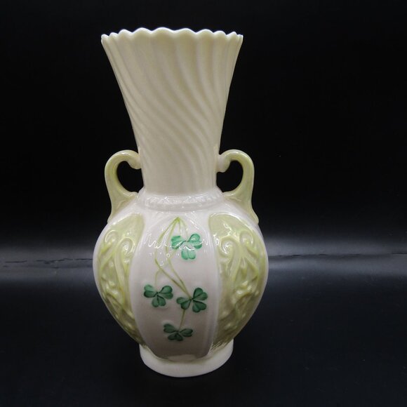 Belleek 6" Yellow Panel Shamrock Vase - Picture 1 of 9